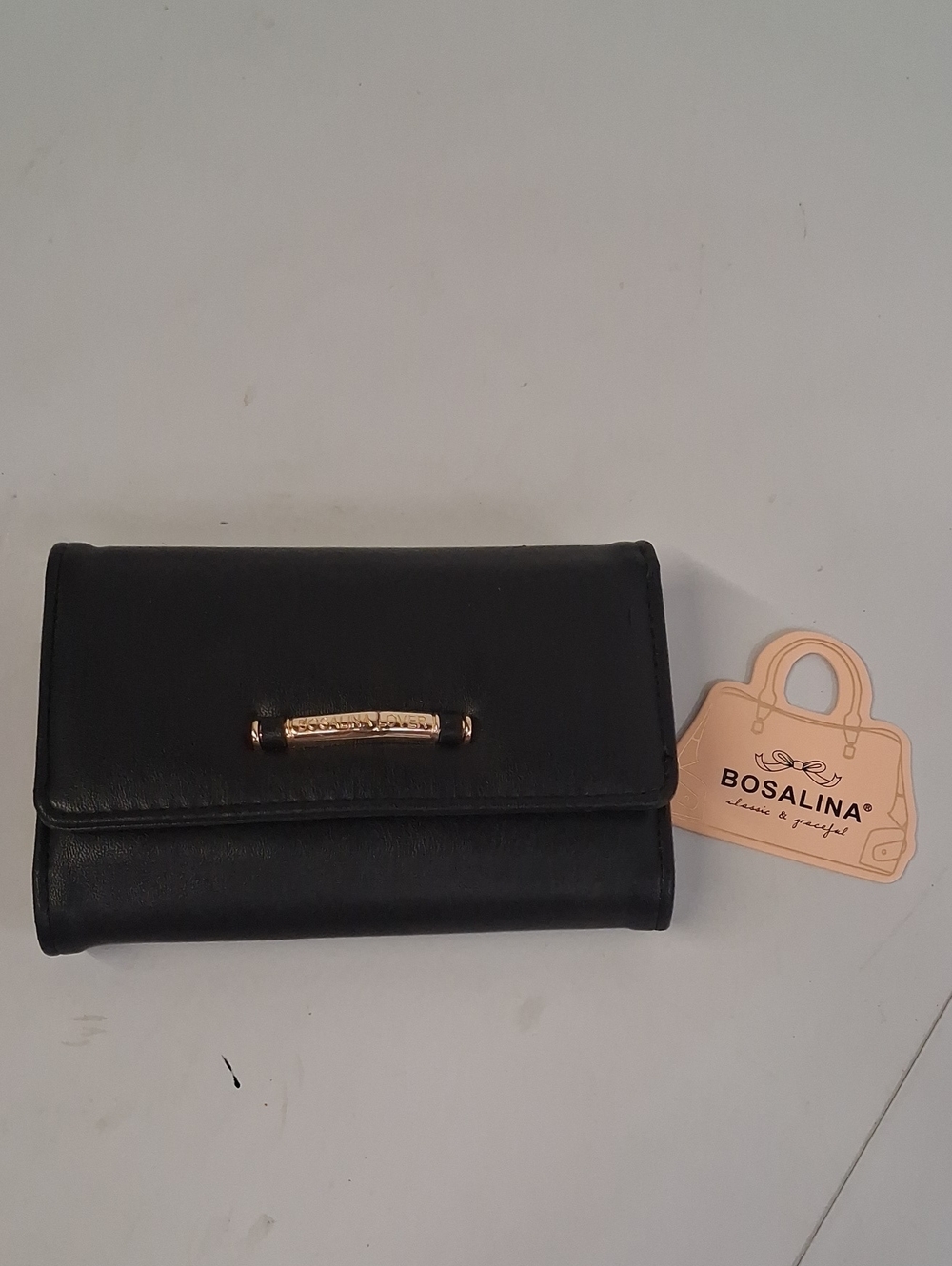 NWT Womens Bosalina Black Leather Fold-Over Wallet